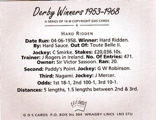 2000 GDS Cards Derby Winners 1953-1968 #6 Hard Ridden Back